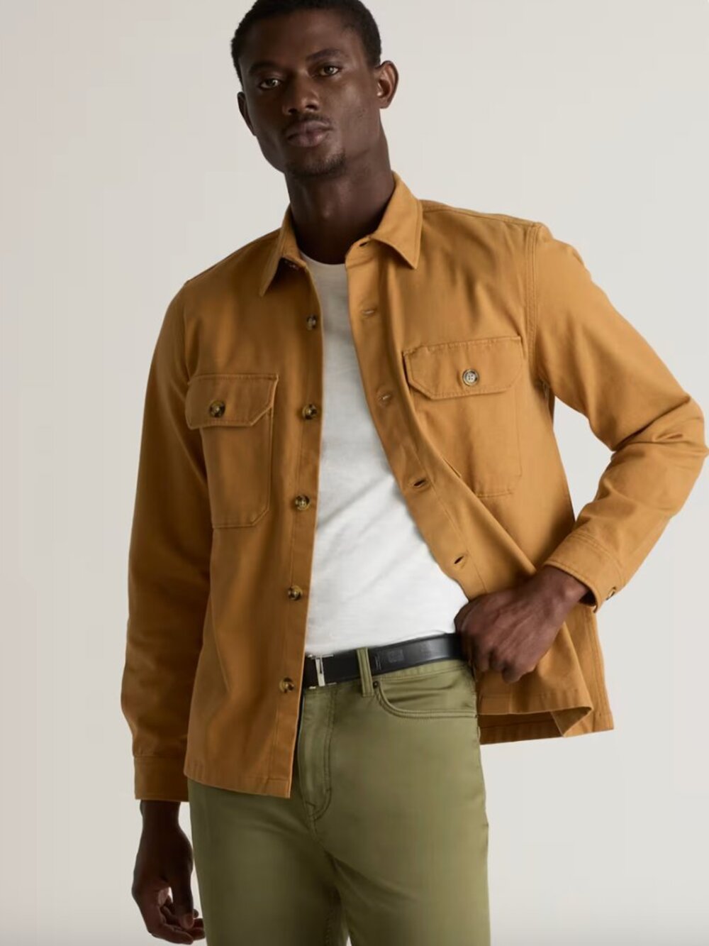 Quince Double-Brushed Stretch Overshirt Jacket in camel size L mens